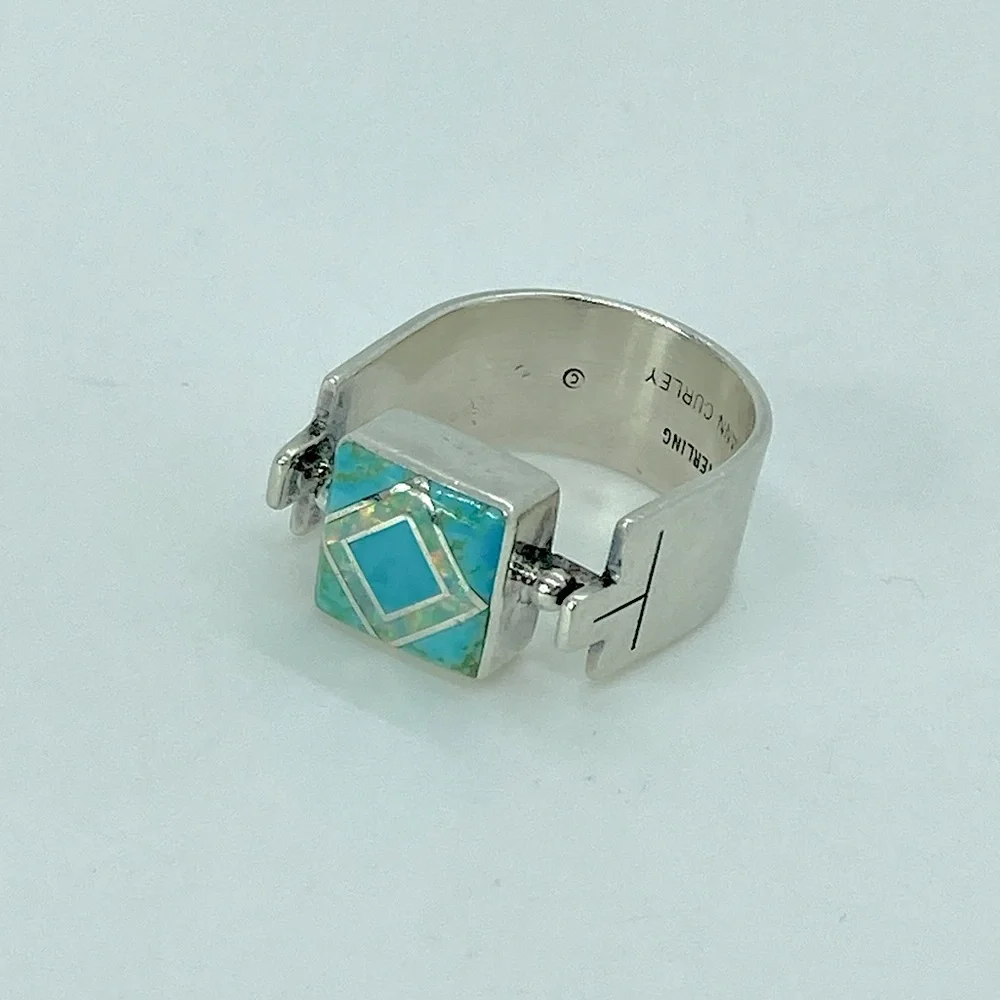 Vtg Navajo Sterling Turquoise & Opal Wide Modernist Style Ring Sz 7.5 Ann Curley - Picture 11 of 13